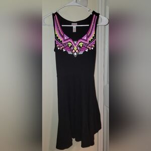 Black Dress with Geometric Pink and Green Design